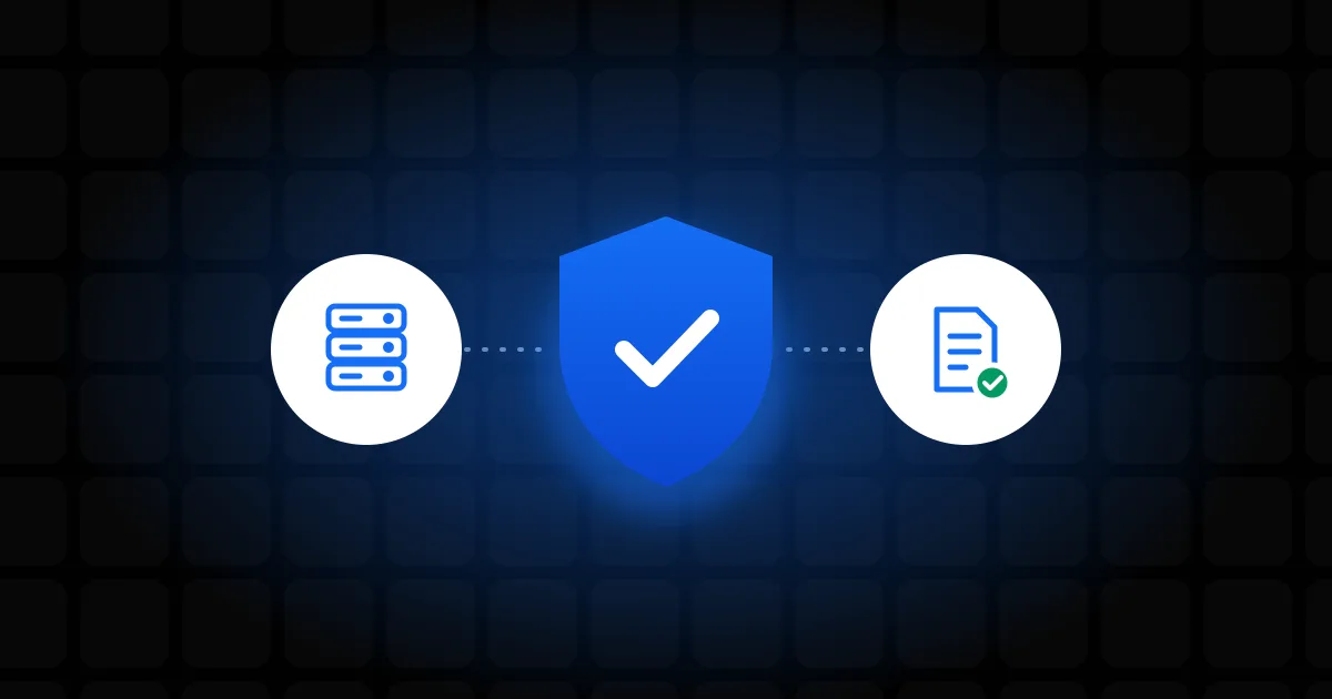 A shield with a check mark between a server and a verified document