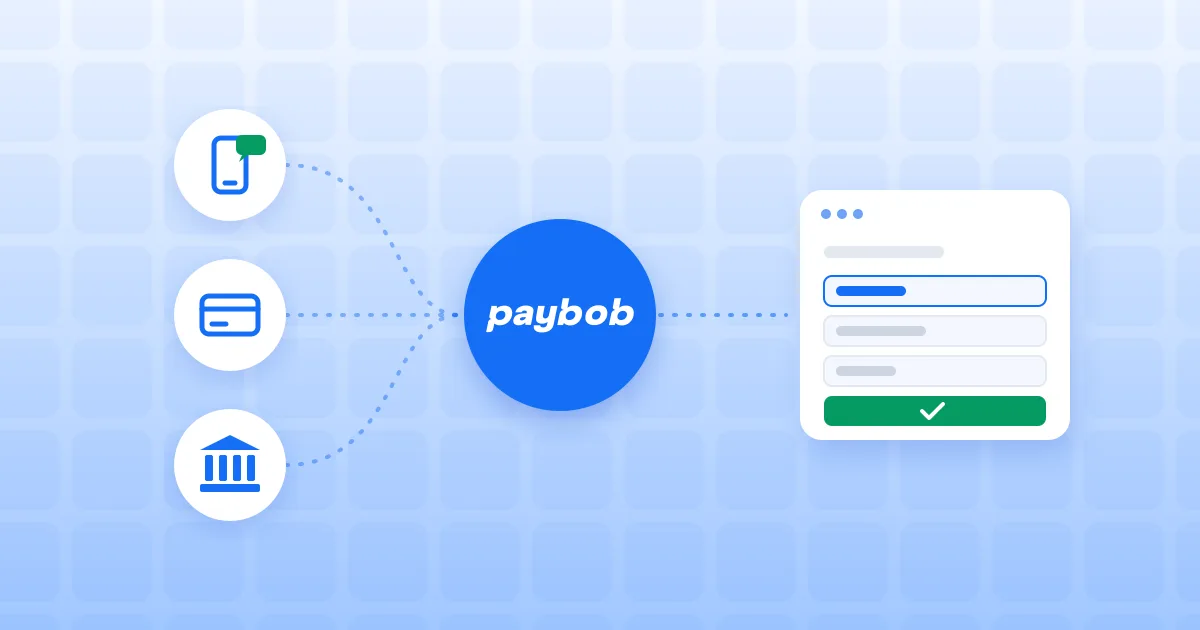 A phone, a card and a bank connecting through Paybob into one checkout